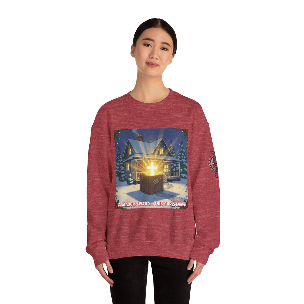 A Major Award This Christmas Sweatshirt – Fragile Leg Lamp Parody Cross Unboxing Christian Sweatshirt for Hilarious Faith & Holiday Glow Printify
