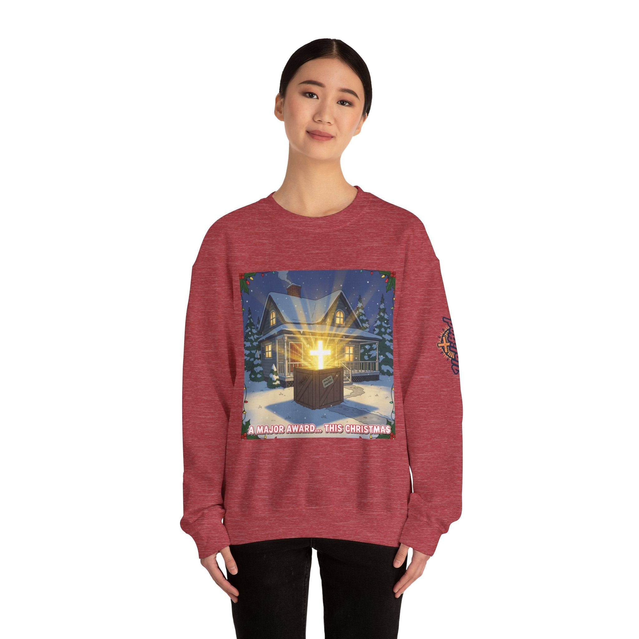 A Major Award This Christmas Sweatshirt – Fragile Leg Lamp Parody Cross Unboxing Christian Sweatshirt for Hilarious Faith & Holiday Glow Printify