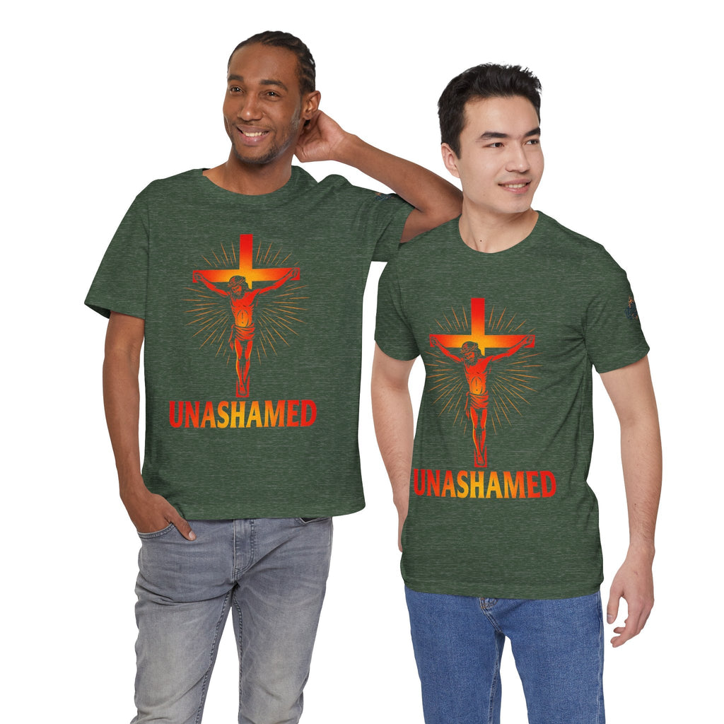 Unashamed T-shirt – Romans 1:16 Crucifixion Christian t-shirt for Bold Unwavering Faith Printify