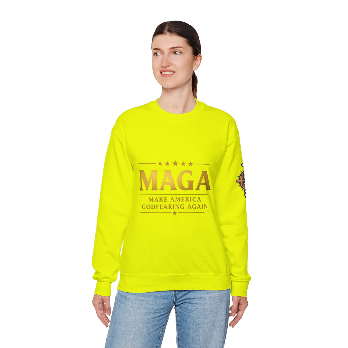 Sweatshirt — "MAGA Make America Godfearing Again" Gold Logo Crewneck Printify