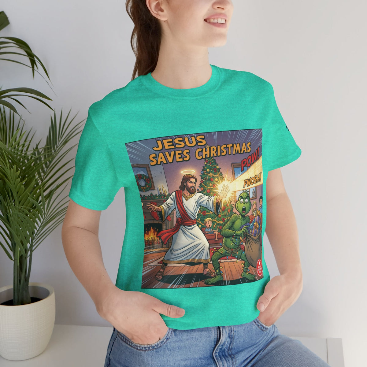 Jesus Saves Christmas T-shirt – Grinch vs Savior Light Battle Christian T-shirt for Hilarious Holiday Faith & True Joy Printify