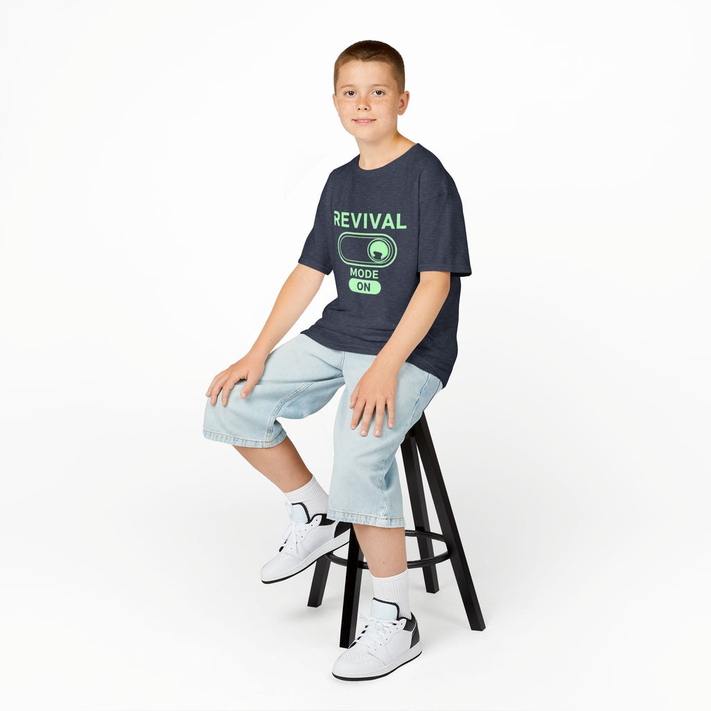 🔥 Revival Mode: ON – Christian Techwear Kids T-Shirt | Glowing Green Faith Switch | Futuristic Jesus Shirt | Activate Your Spiritual Awakening | Uplifted Gear Printify