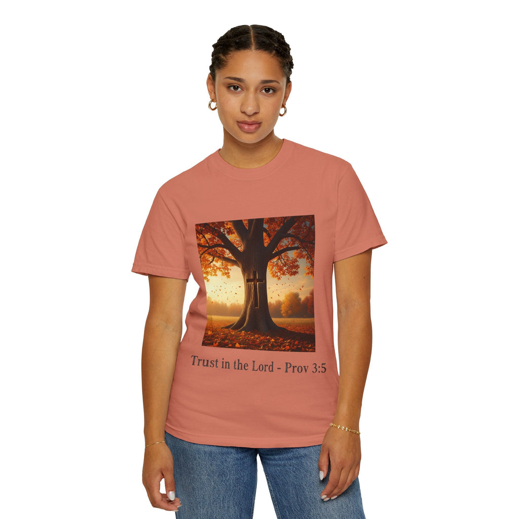 Trust in the Lord T-Shirt – Autumn Tree Christian Tee with Proverbs 3:5 Printify
