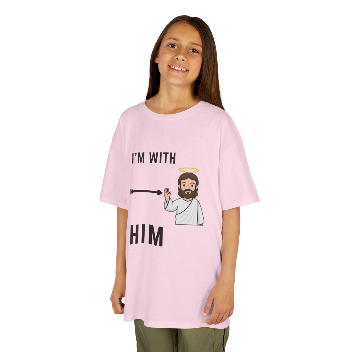 🔥 I’m With Him → Christian Kids T-Shirt | Arrow Pointing to Jesus | Minimalist Faith Tee | Subtle Cross Design | Bible-Inspired Apparel by Uplifted Gear Printify