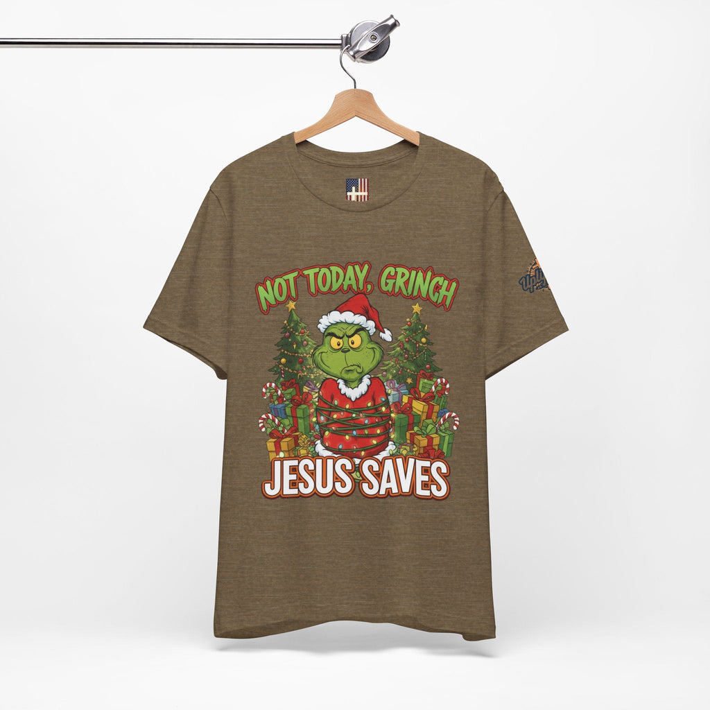 🎄 Not Today, Grinch – Jesus Saves | Funny Christian Christmas T-Shirt | Sulking Grinch & Glowing Cross | Bold Neon Faith Tee by Uplifted Gear Printify