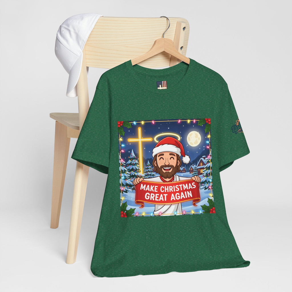 🎄 Make Christmas Great Again – Funny Christian T-Shirt | Jesus Holding Banner | Faith-Based Holiday Parody Tee | Uplifted Gear Printify