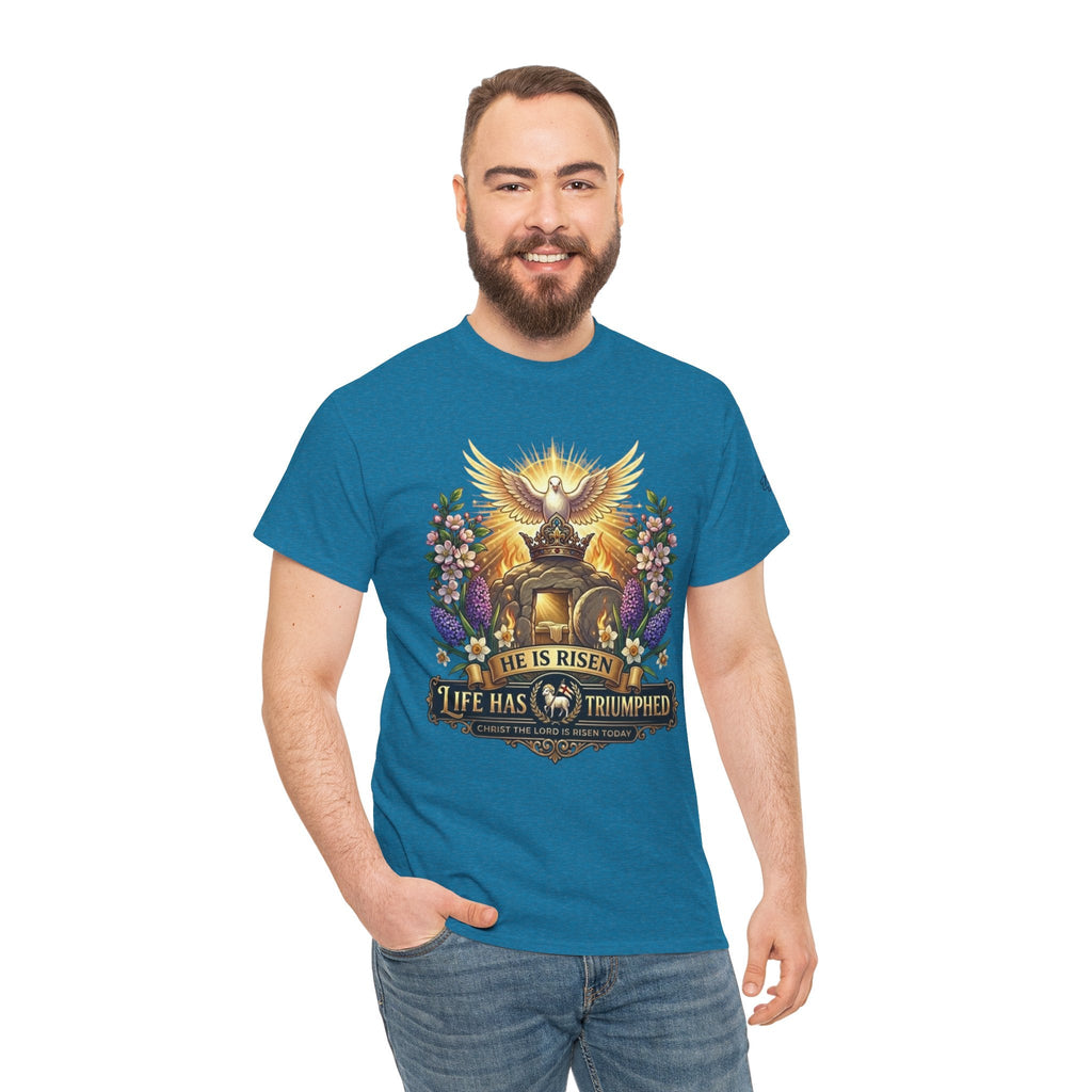 He Is Risen "Life Has Triumphed" T-Shirt — Easter Resurrection Christian Tee Printify