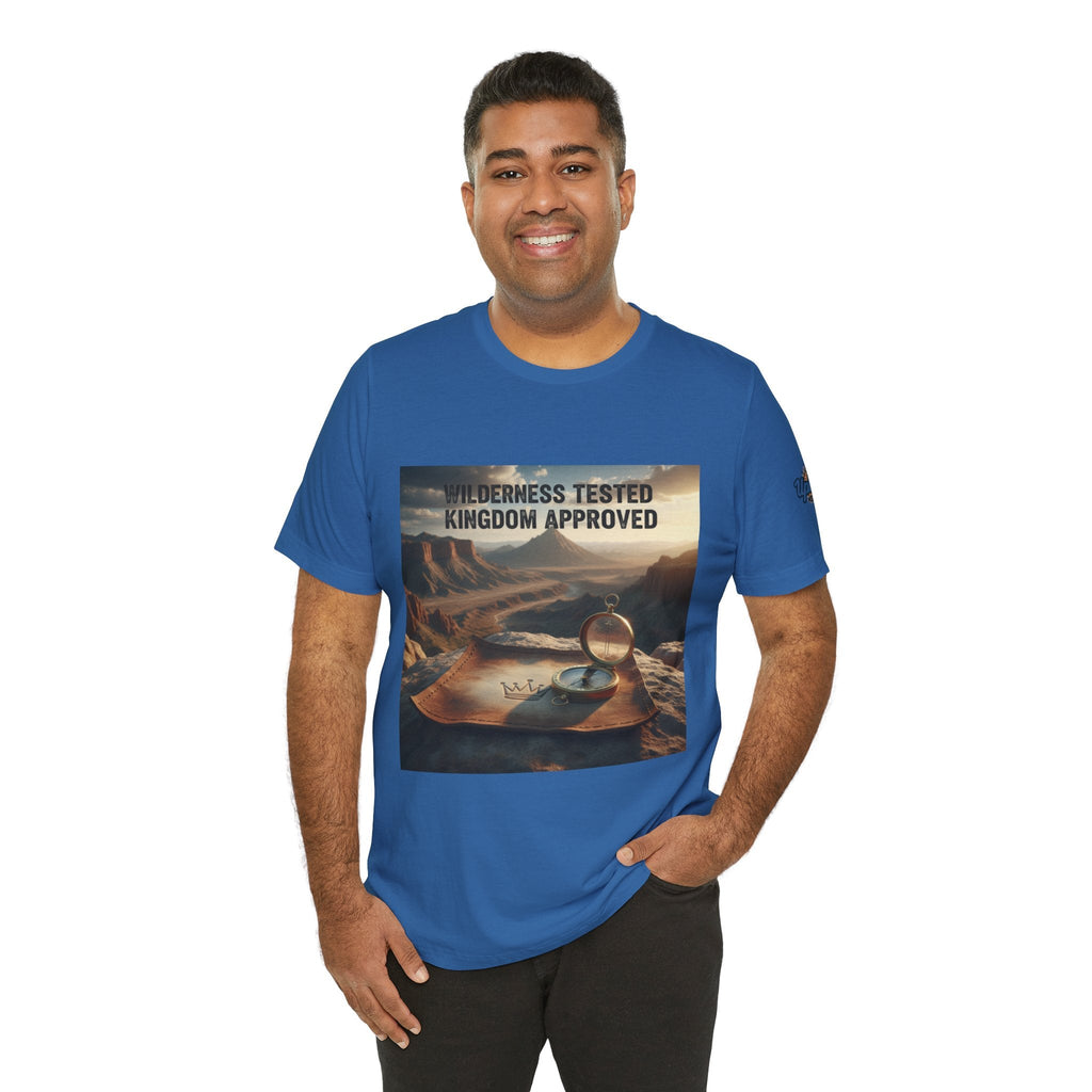 Wilderness Tested Kingdom Approved T-shirt – Mountain Desert Compass Crown Christian T-shirt for Biblical Adventure Faith Printify