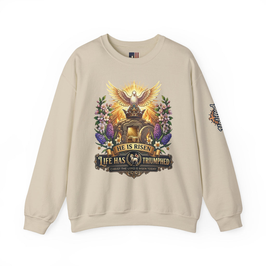 He Is Risen "Life Has Triumphed" Sweatshirt — Easter Resurrection Christian Sweatshirt Printify