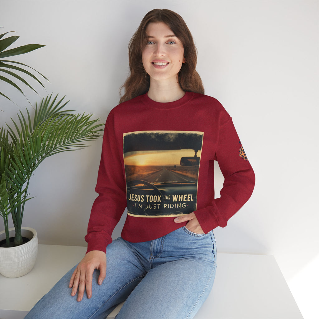 Jesus Took the Wheel I'm Just Riding Sweatshirt – Funny Christian Convertible Car Sweatshirt for Surrendered Faith & Humor