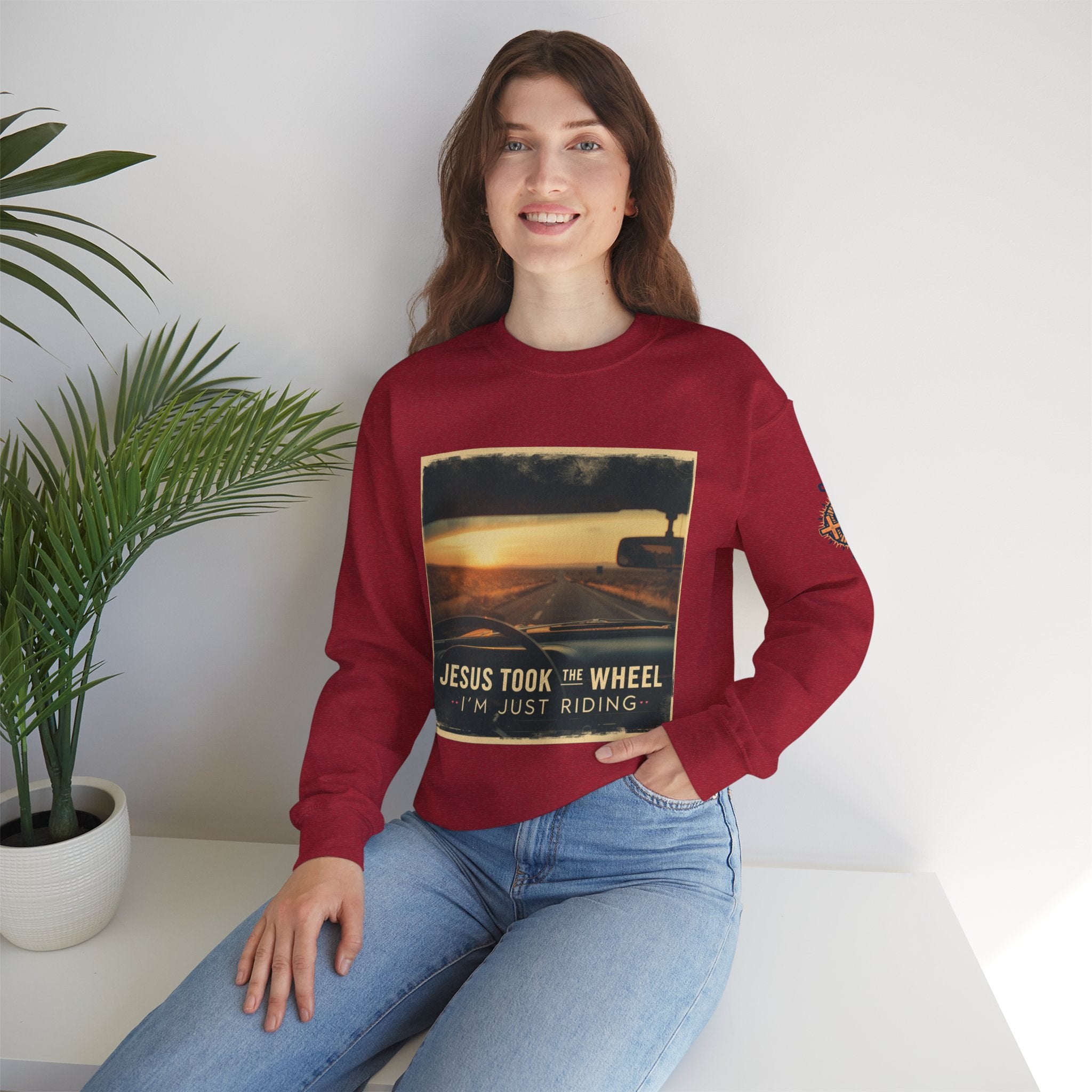 Jesus Took the Wheel I'm Just Riding Sweatshirt – Funny Christian Convertible Car Sweatshirt for Surrendered Faith & Humor