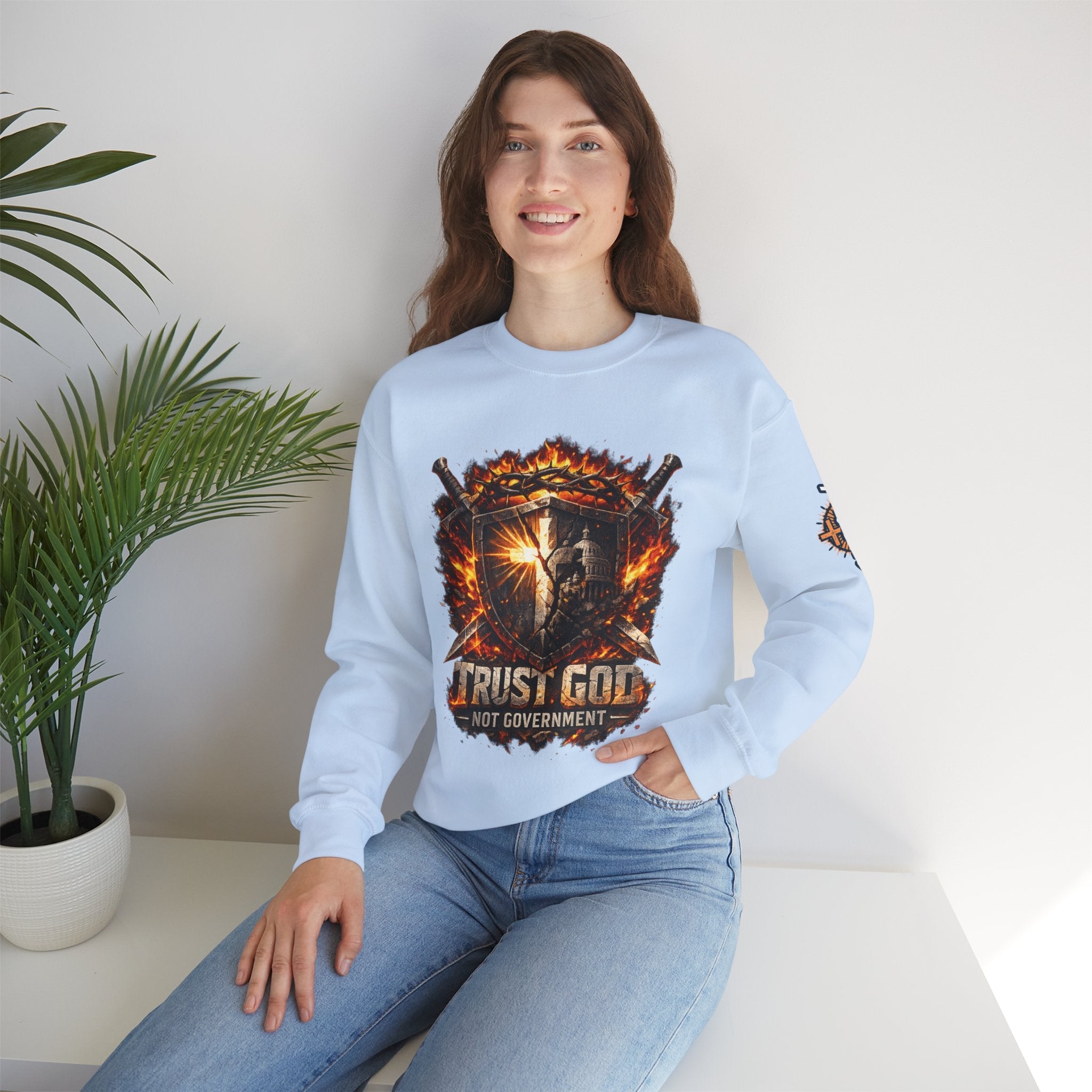 Trust God Not Government Shield Sweatshirt — Patriotic Christian Faith Sweatshirt Printify