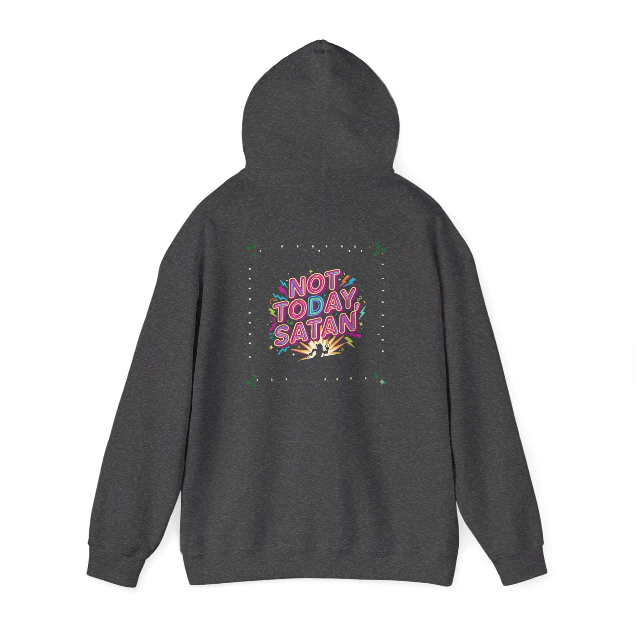 🔥 Not Today, Satan – Retro 90s Christian Hoodie | Neon Faith Tee | Funky Cartoon Devil | Bold Bible Verse Shirt | Uplifted Gear Printify