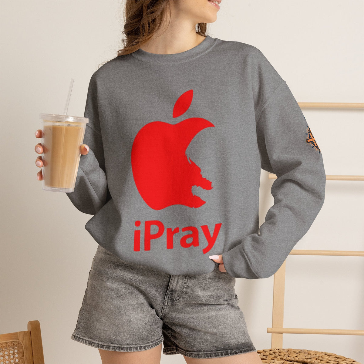 iPray Apple Logo Sweatshirt — Funny Christian Sweatshirt (Minimal Red Apple Graphic) Printify
