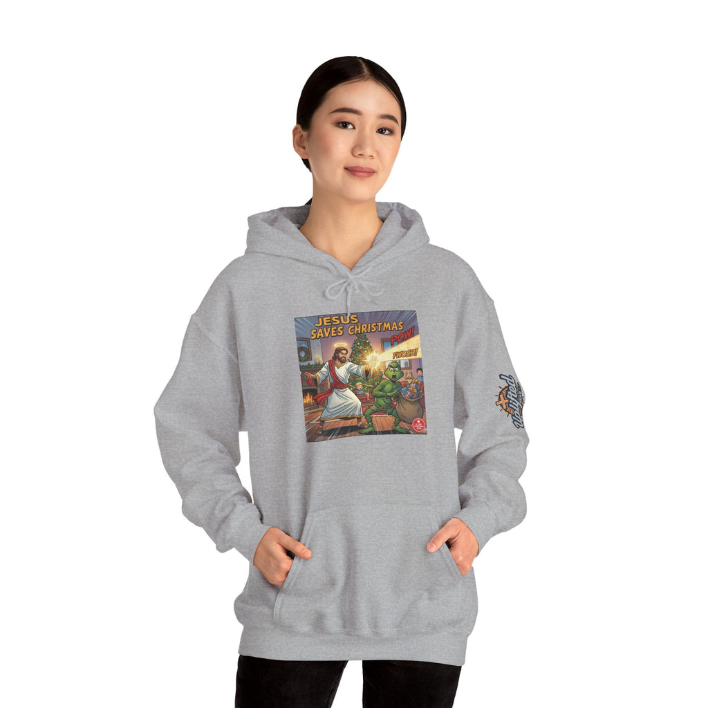 Jesus Saves Christmas Hoodie – Grinch vs Savior Light Battle Christian Sweatshirt for Hilarious Holiday Faith & True Joy Printify