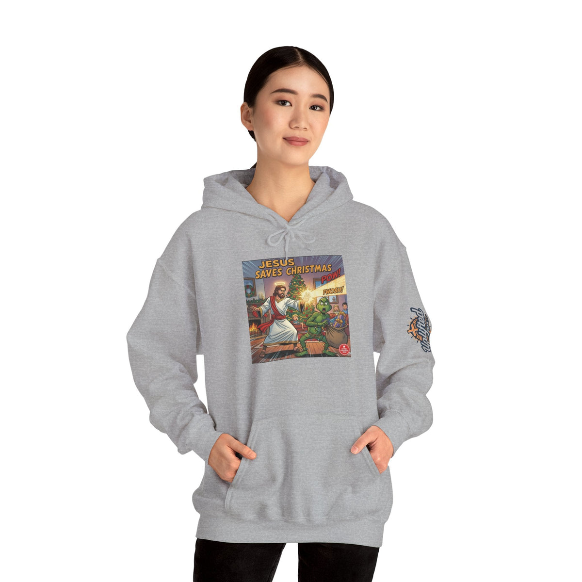 Jesus Saves Christmas Hoodie – Grinch vs Savior Light Battle Christian Sweatshirt for Hilarious Holiday Faith & True Joy Printify