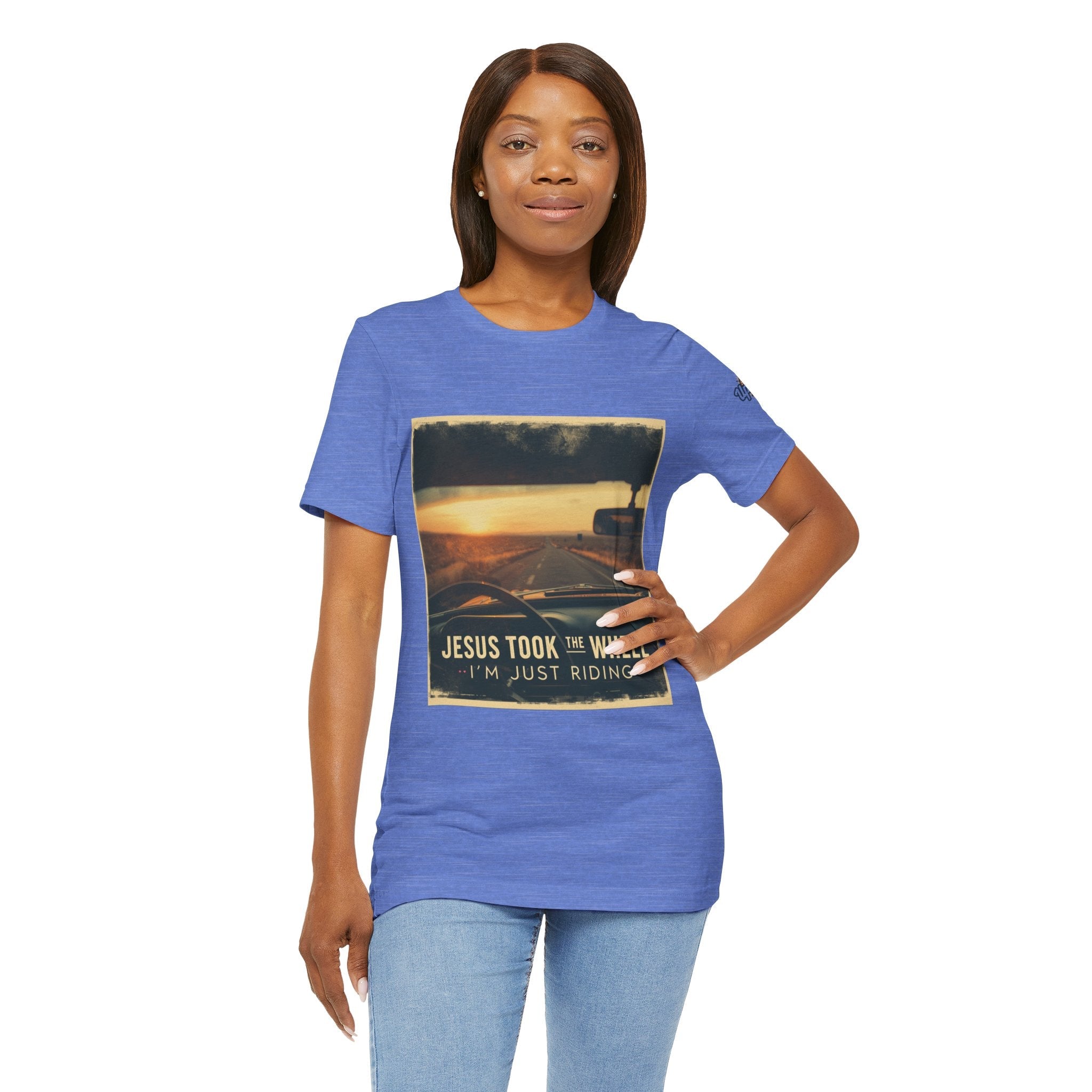 Jesus Took the Wheel I'm Just Riding T-shirt – Funny Christian Convertible Car T-shirt for Surrendered Faith & Humor Printify