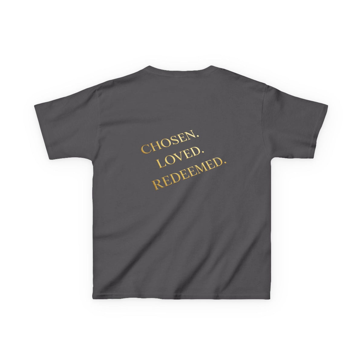 ✨ Chosen. Loved. Redeemed. – Elegant Christian Kids T-Shirt | Gold Foil Faith Tee | Subtle Cross & Heart Design | Inspirational Bible Verse Apparel by Uplifted Gear Printify