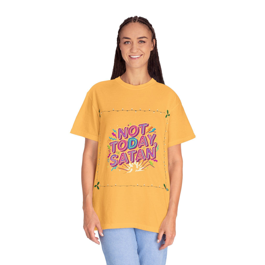 🔥 Not Today, Satan – Retro 90s Christian T-Shirt | Neon Faith Tee | Funky Cartoon Devil | Bold Bible Verse Shirt | Uplifted Gear Printify