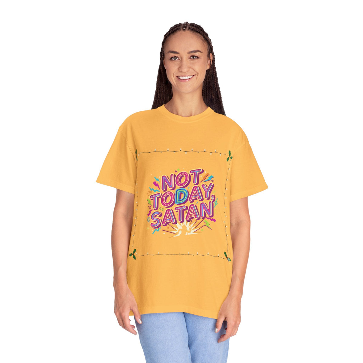 🔥 Not Today, Satan – Retro 90s Christian T-Shirt | Neon Faith Tee | Funky Cartoon Devil | Bold Bible Verse Shirt | Uplifted Gear Printify