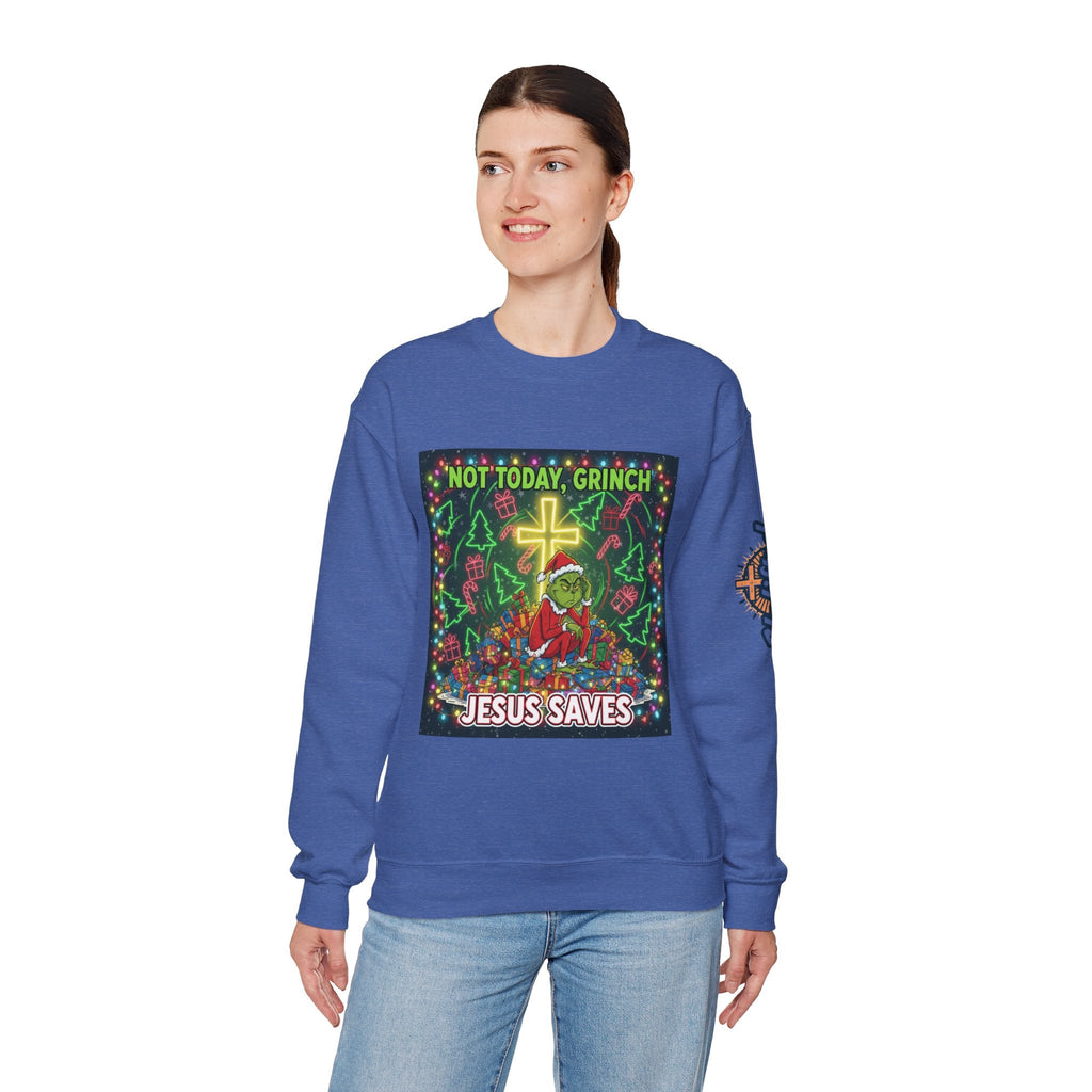 🎄 Not Today, Grinch – Jesus Saves | Funny Christian Christmas Sweatshirt | Festive Green & Red Cartoon Style | Bold Faith Holiday Tee by Uplifted Gear Printify