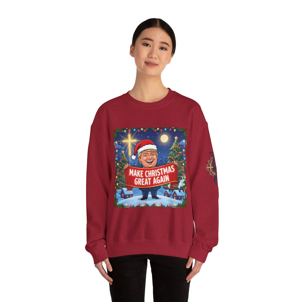 🎄 Make Christmas Great Again – Patriotic Christian Christmas Sweatshirt | Bold Holiday Faith Tee | Red & White Banner Design | Uplifted Gear Printify