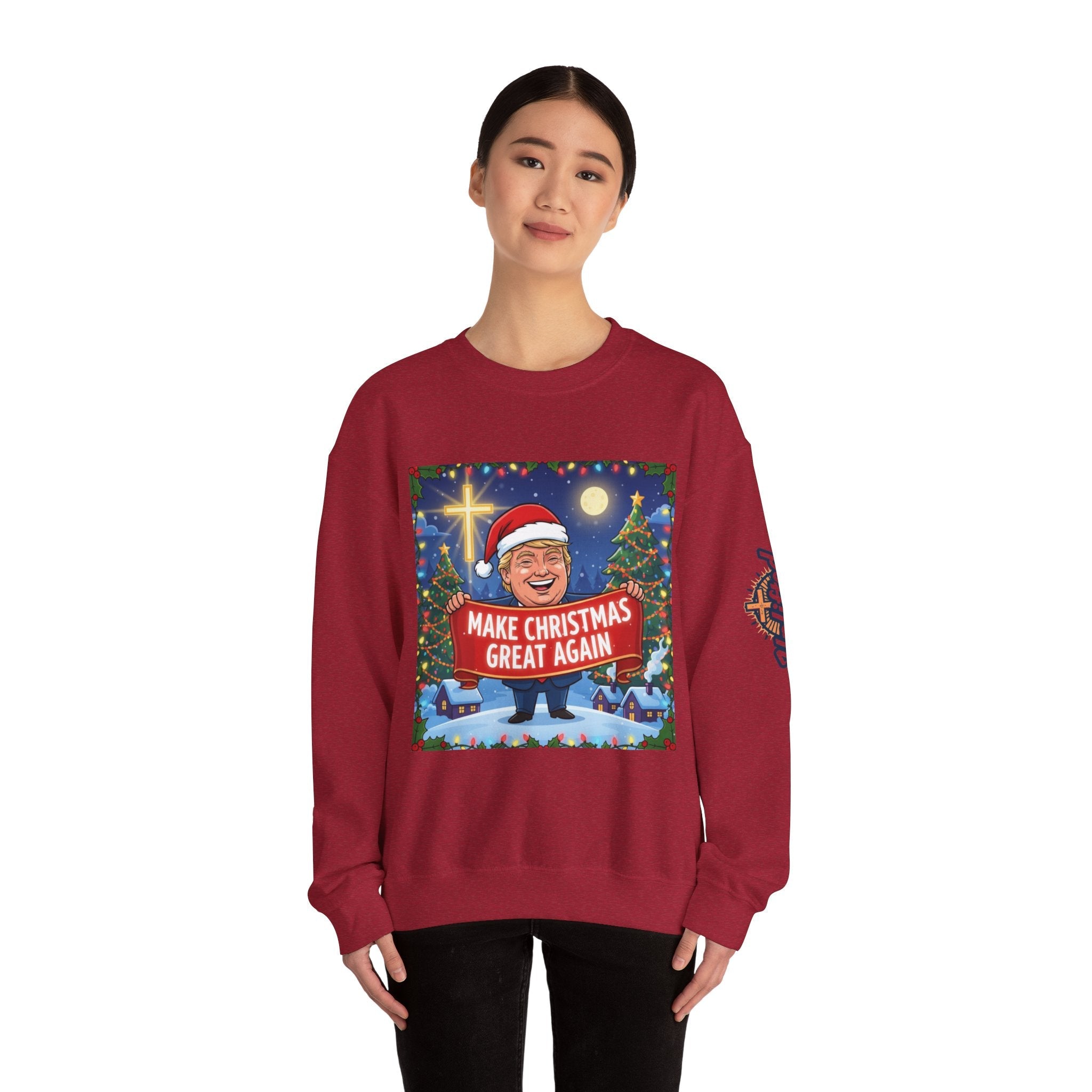 🎄 Make Christmas Great Again – Patriotic Christian Christmas Sweatshirt | Bold Holiday Faith Tee | Red & White Banner Design | Uplifted Gear Printify