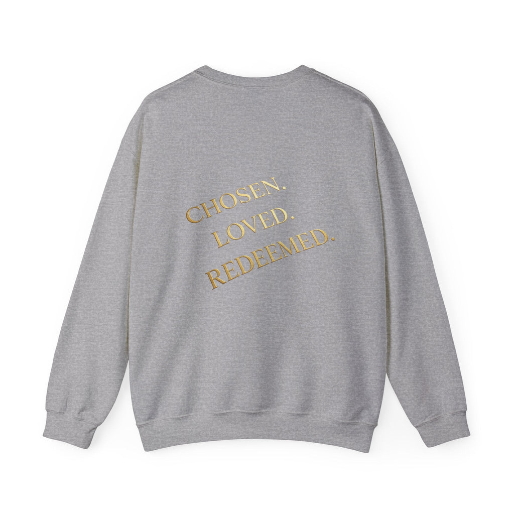 ✨ Chosen. Loved. Redeemed. – Elegant Christian Sweatshirt | Gold Foil Faith Tee | Subtle Cross & Heart Design | Inspirational Bible Verse Apparel by Uplifted Gear Printify