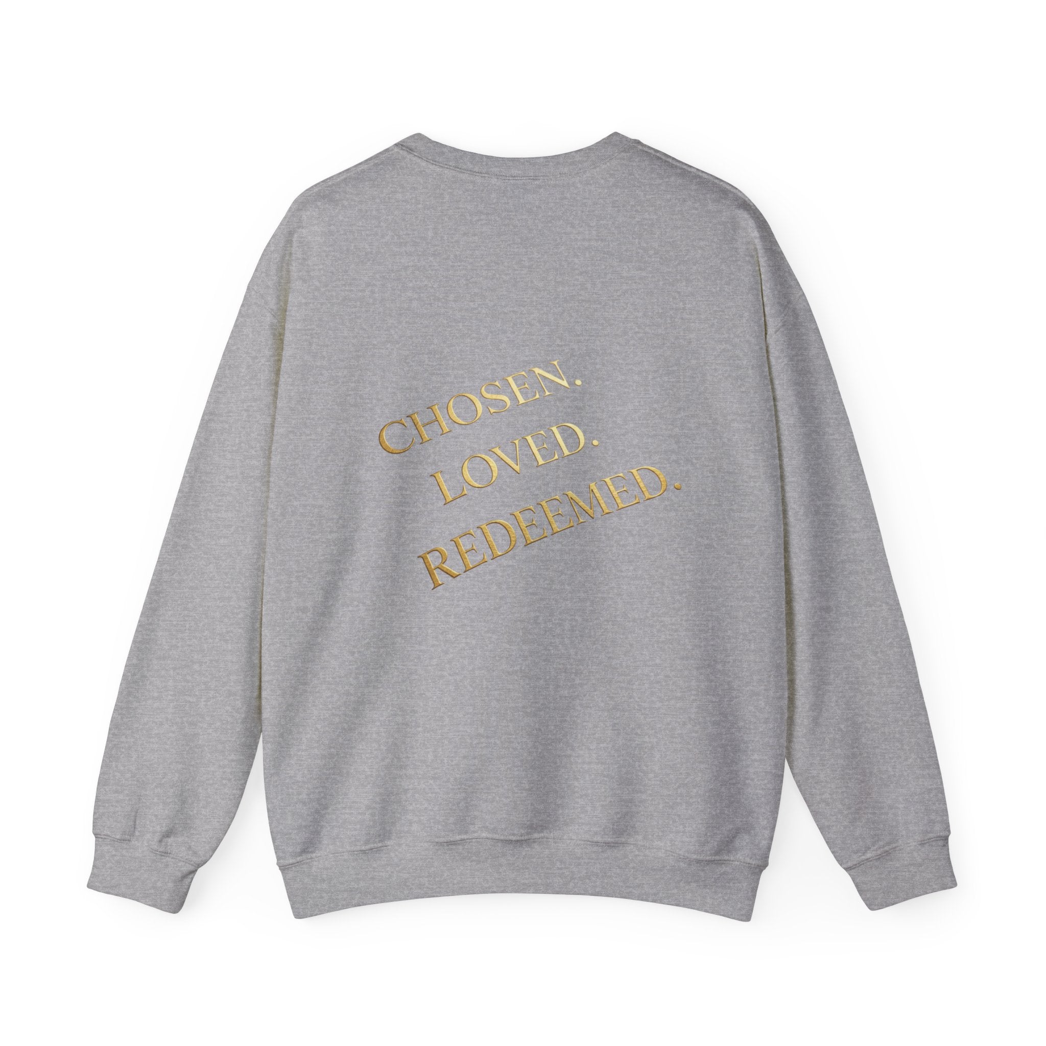 ✨ Chosen. Loved. Redeemed. – Elegant Christian Sweatshirt | Gold Foil Faith Tee | Subtle Cross & Heart Design | Inspirational Bible Verse Apparel by Uplifted Gear Printify
