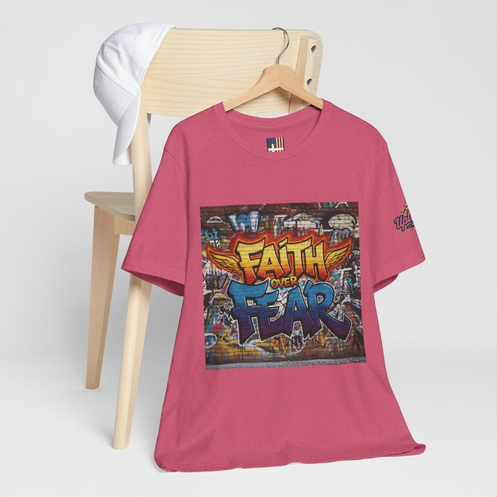 Faith Over Fear T-shirt – Graffiti Wall Christian T-shirt for Bold 2 Corinthians 5:7 Streetwear & Unshakable Faith Printify