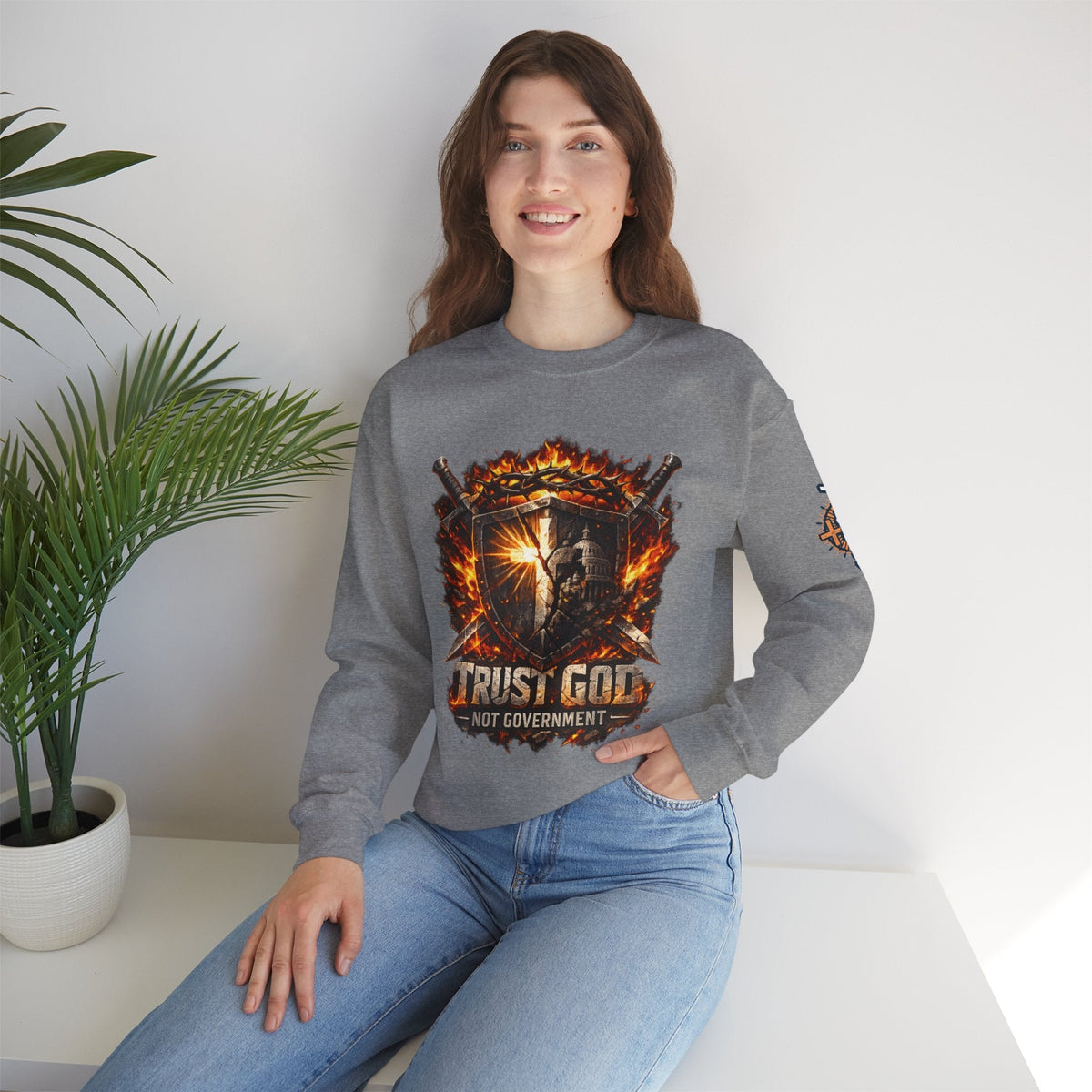 Trust God Not Government Shield Sweatshirt — Patriotic Christian Faith Sweatshirt Printify