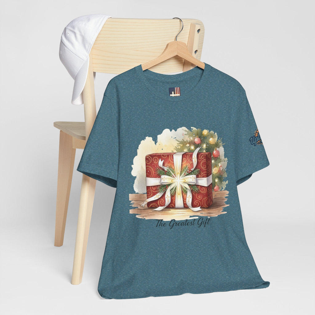 The Greatest Gift T-shirt – Cross Bow Present Christian T-shirt for Christmas Salvation & Eternal Faith Printify