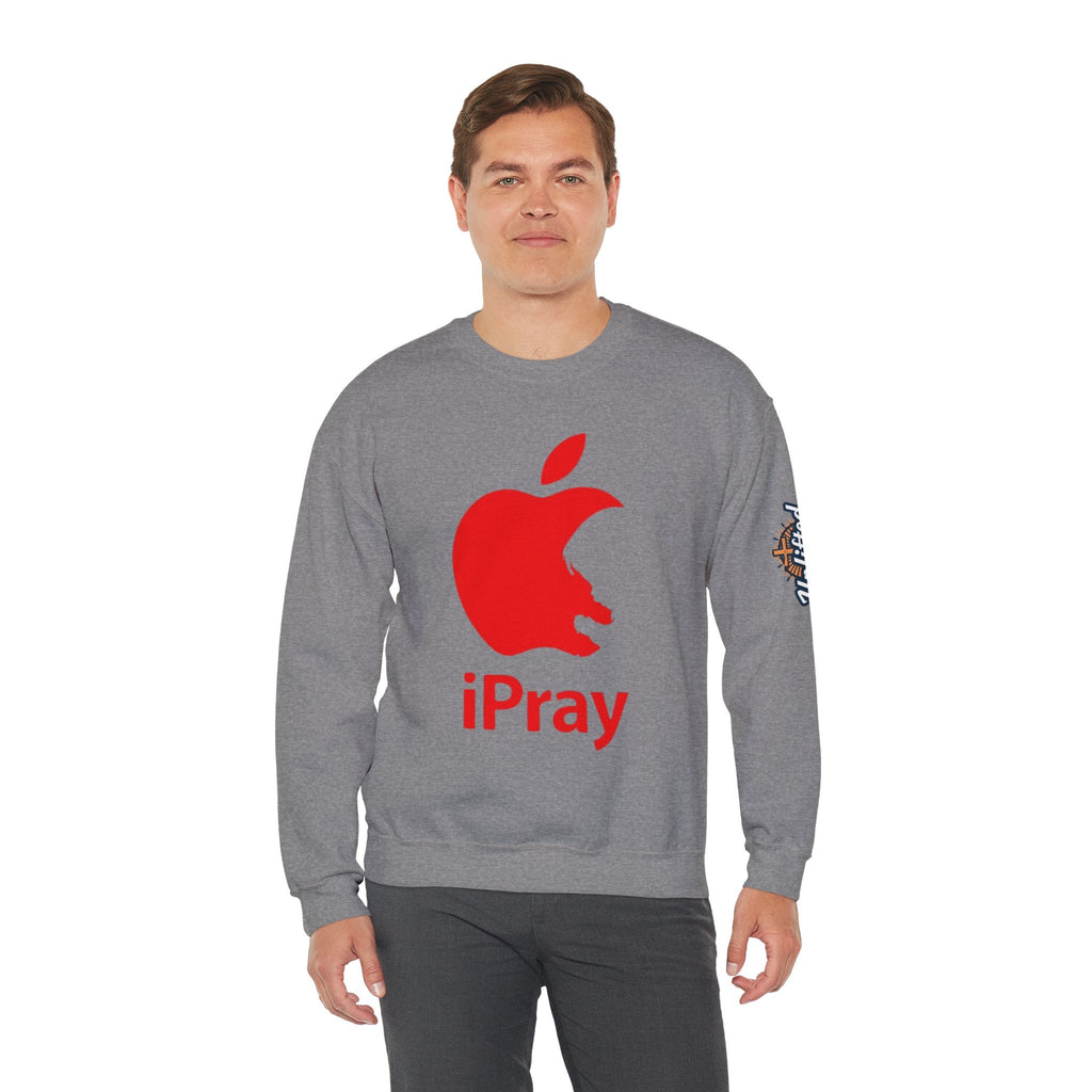 iPray Apple Logo Sweatshirt — Funny Christian Sweatshirt (Minimal Red Apple Graphic) Printify