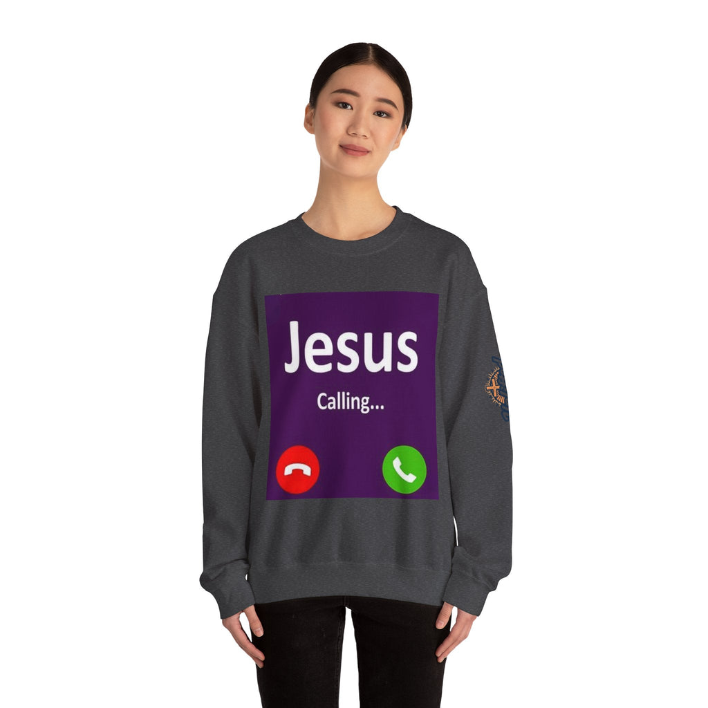 Jesus Calling Sweatshirt – Funny Cell Phone Screen Christian Sweatshirt for Divine Connection & Faith Humor Printify