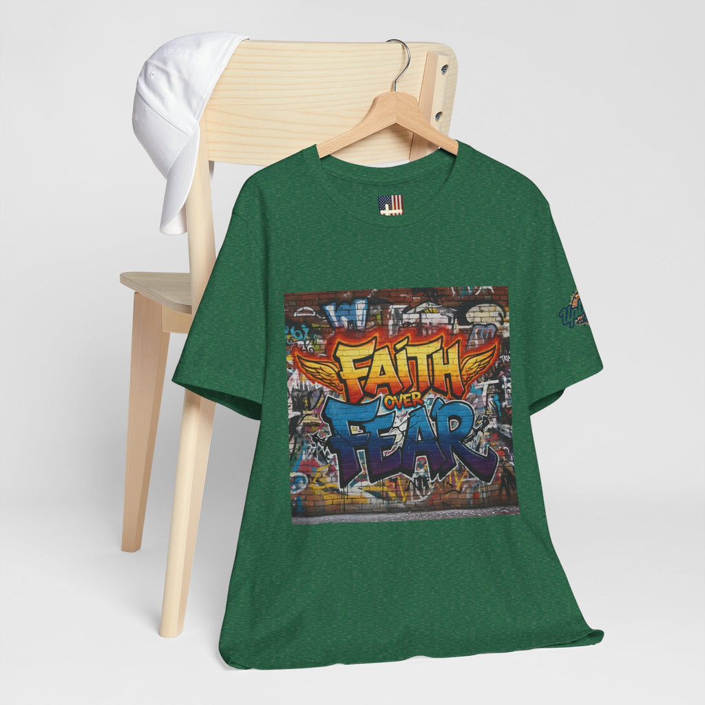 Faith Over Fear T-shirt – Graffiti Wall Christian T-shirt for Bold 2 Corinthians 5:7 Streetwear & Unshakable Faith Printify