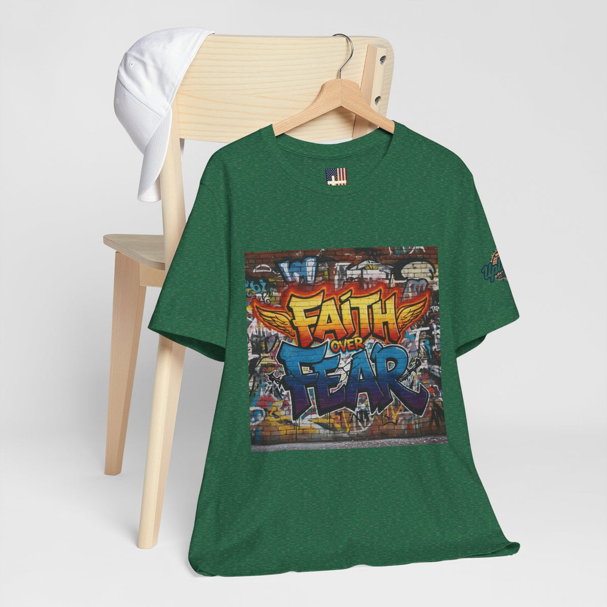 Faith Over Fear T-shirt – Graffiti Wall Christian T-shirt for Bold 2 Corinthians 5:7 Streetwear & Unshakable Faith Printify
