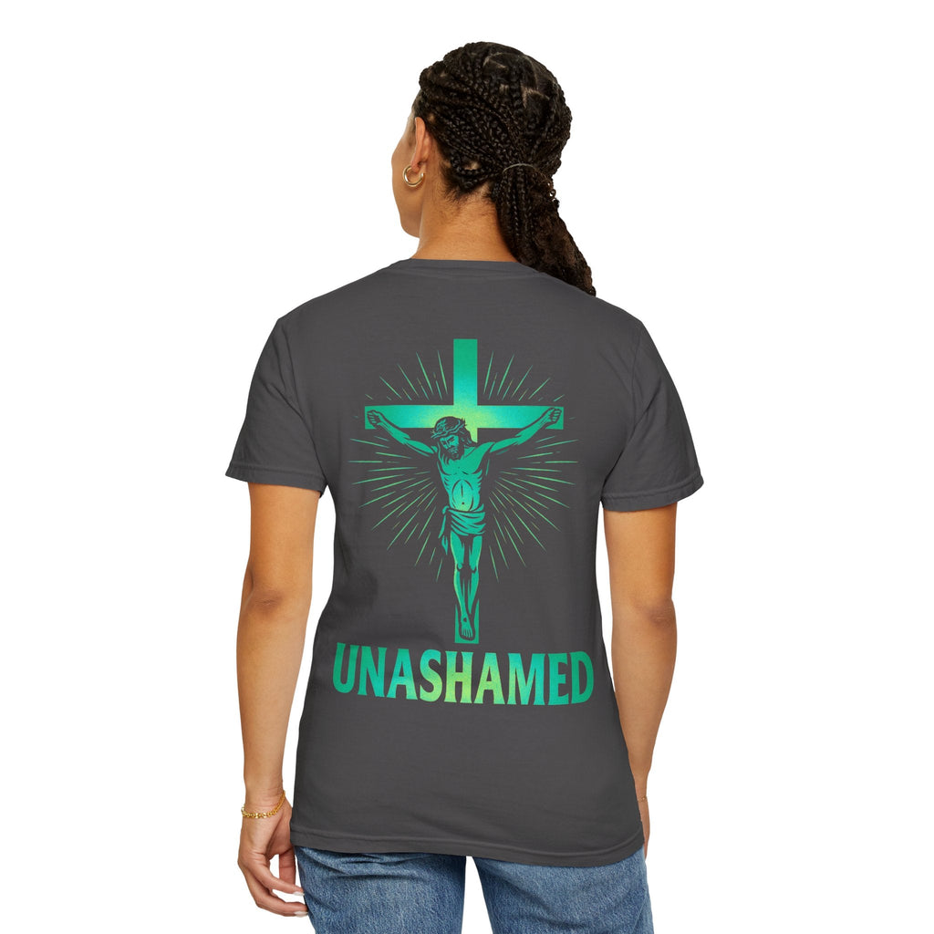 Unashamed T-shirt – Romans 1:16 Crucifixion Christian t-shirt for Bold Unwavering Faith Printify