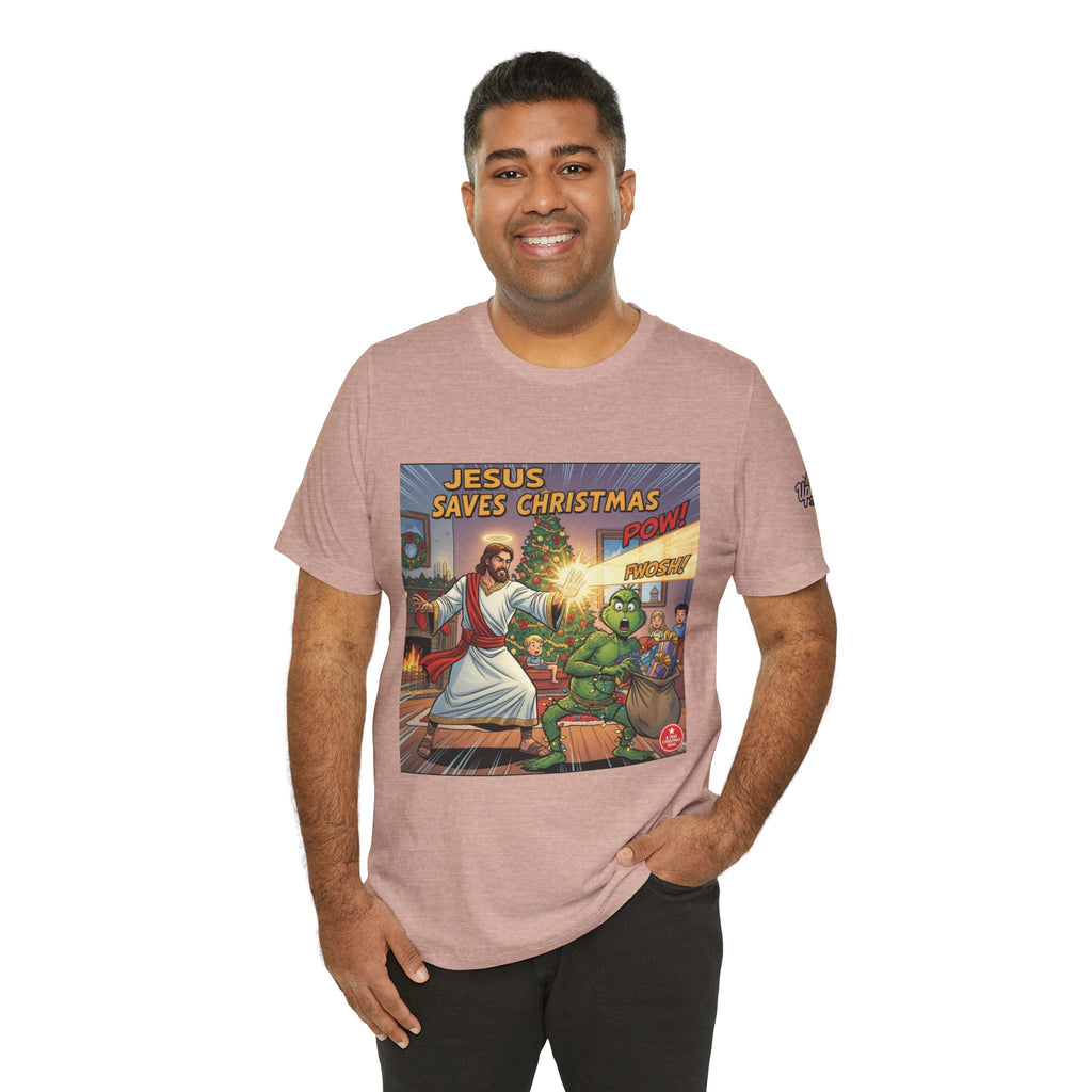 Jesus Saves Christmas T-shirt – Grinch vs Savior Light Battle Christian T-shirt for Hilarious Holiday Faith & True Joy Printify