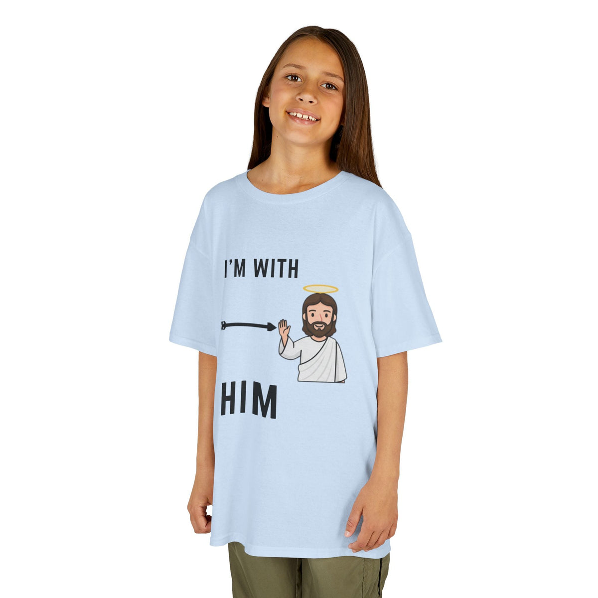 🔥 I’m With Him → Christian Kids T-Shirt | Arrow Pointing to Jesus | Minimalist Faith Tee | Subtle Cross Design | Bible-Inspired Apparel by Uplifted Gear Printify