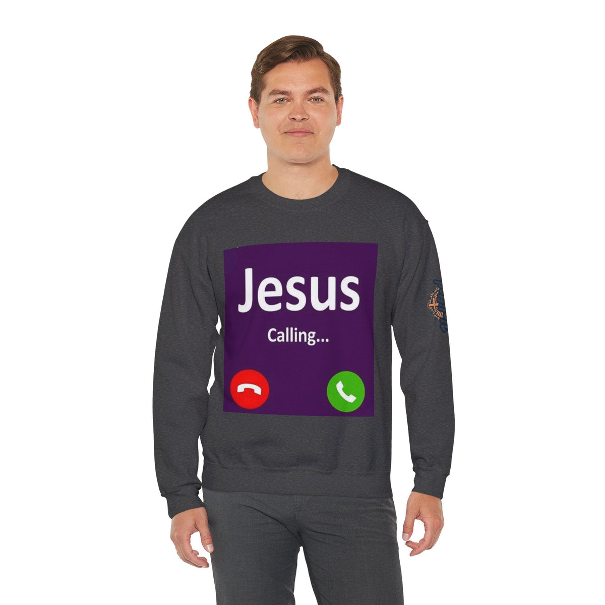 Jesus Calling Sweatshirt – Funny Cell Phone Screen Christian Sweatshirt for Divine Connection & Faith Humor Printify