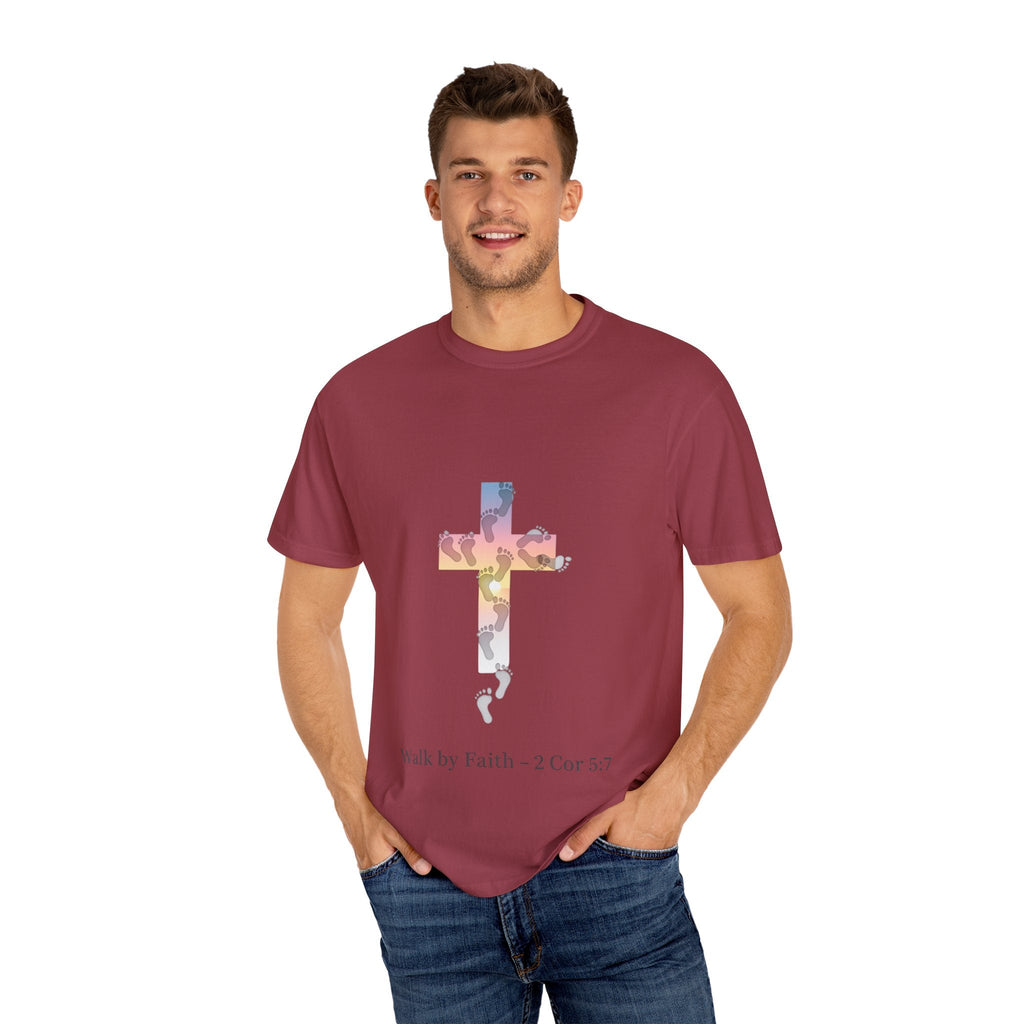 Walk by Faith T-Shirt – Cross & Footprints Christian Tee for Bold Believers Printify