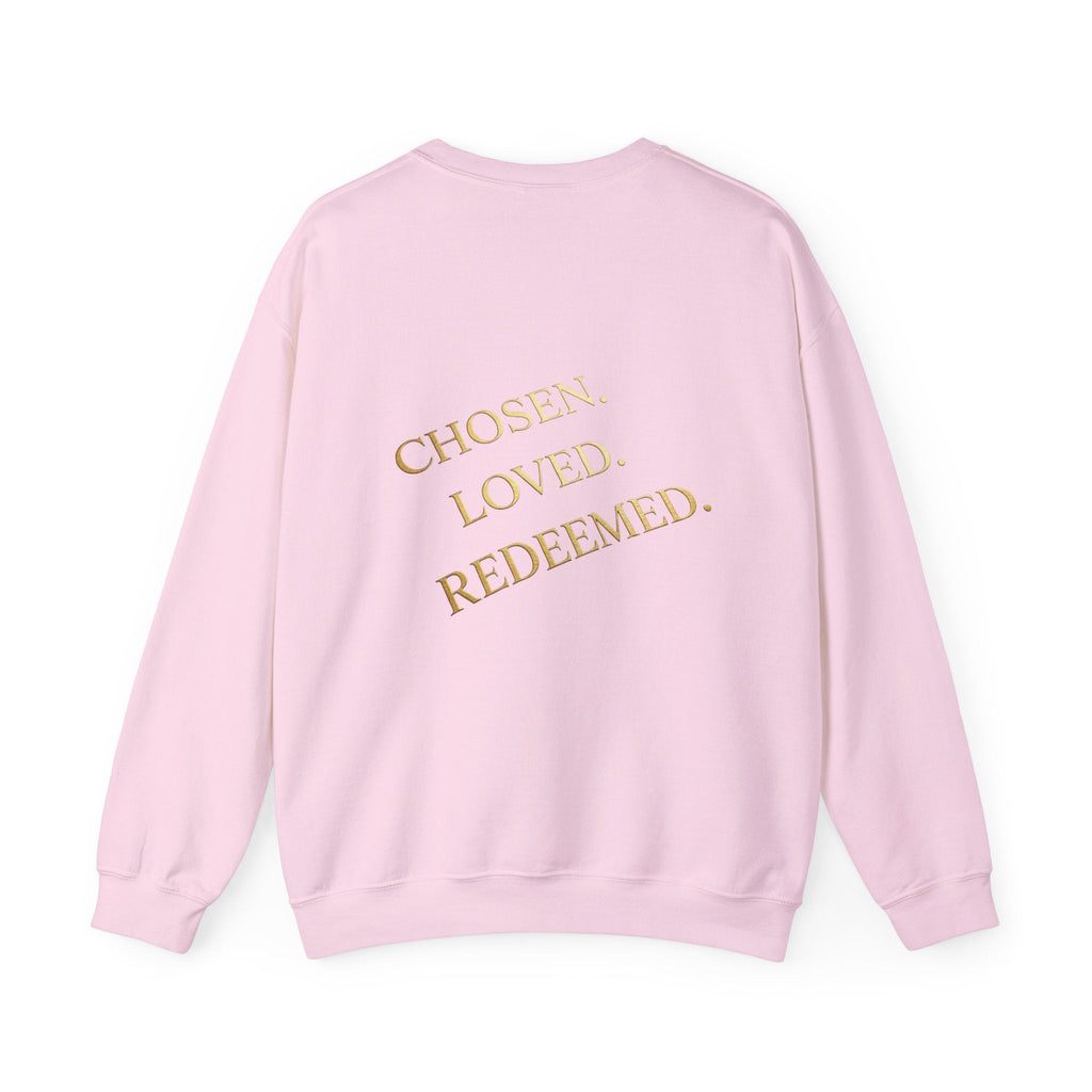 ✨ Chosen. Loved. Redeemed. – Elegant Christian Sweatshirt | Gold Foil Faith Tee | Subtle Cross & Heart Design | Inspirational Bible Verse Apparel by Uplifted Gear Printify