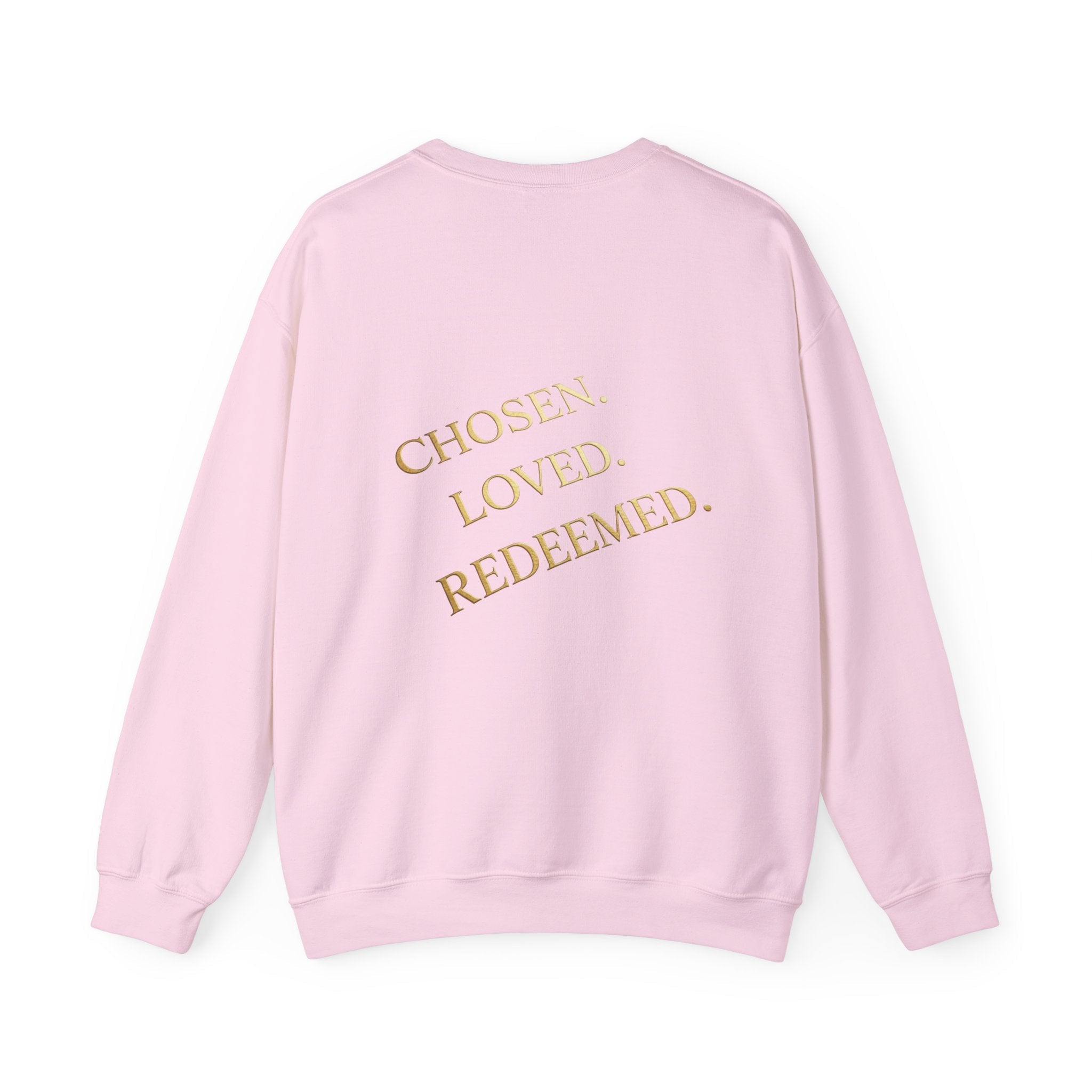 ✨ Chosen. Loved. Redeemed. – Elegant Christian Sweatshirt | Gold Foil Faith Tee | Subtle Cross & Heart Design | Inspirational Bible Verse Apparel by Uplifted Gear Printify