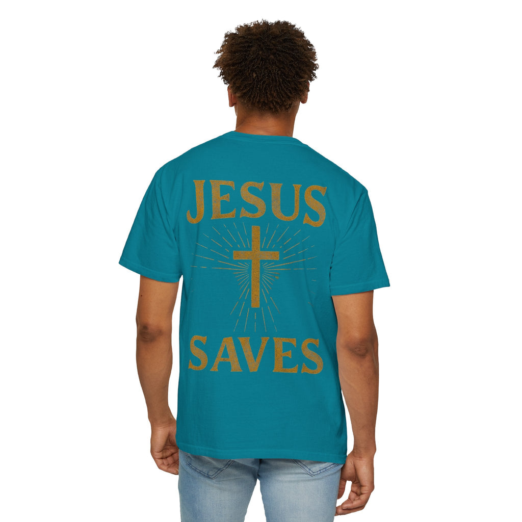 Jesus Saves T-shirt – Radiant Cross & Rays of Light Christian T-shirt for Eternal Hope & Faith Printify