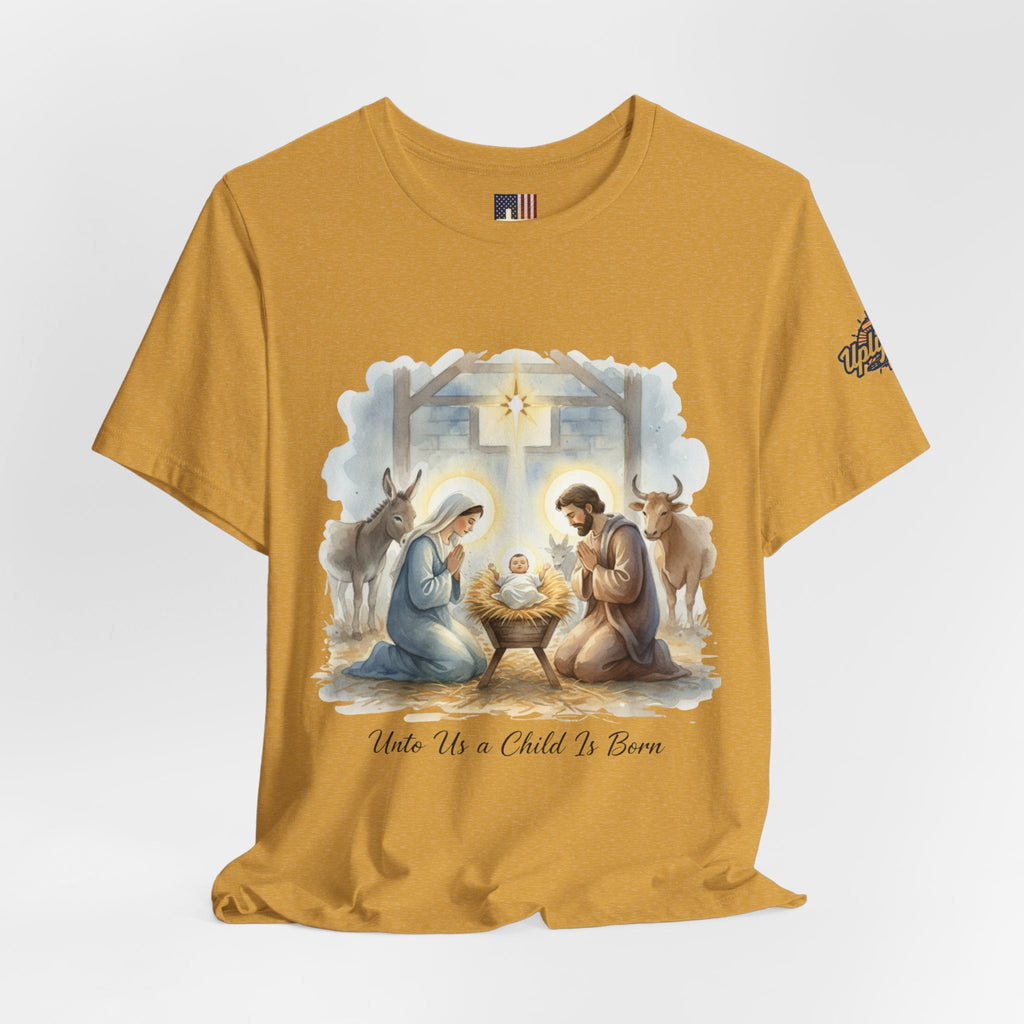 Unto Us a Child is Born T-shirt – Isaiah 9:6 Nativity Manger Scene Christian Christmas T-shirt for Holy Night Faith Printify