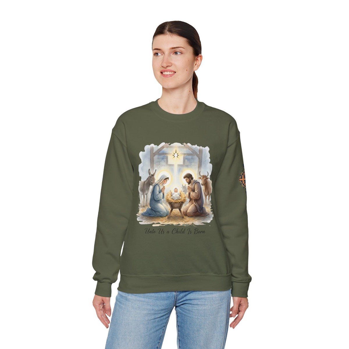 Unto Us a Child is Born Sweatshirt – Isaiah 9:6 Nativity Manger Scene Christian Christmas Sweatshirt for Holy Night Faith Printify
