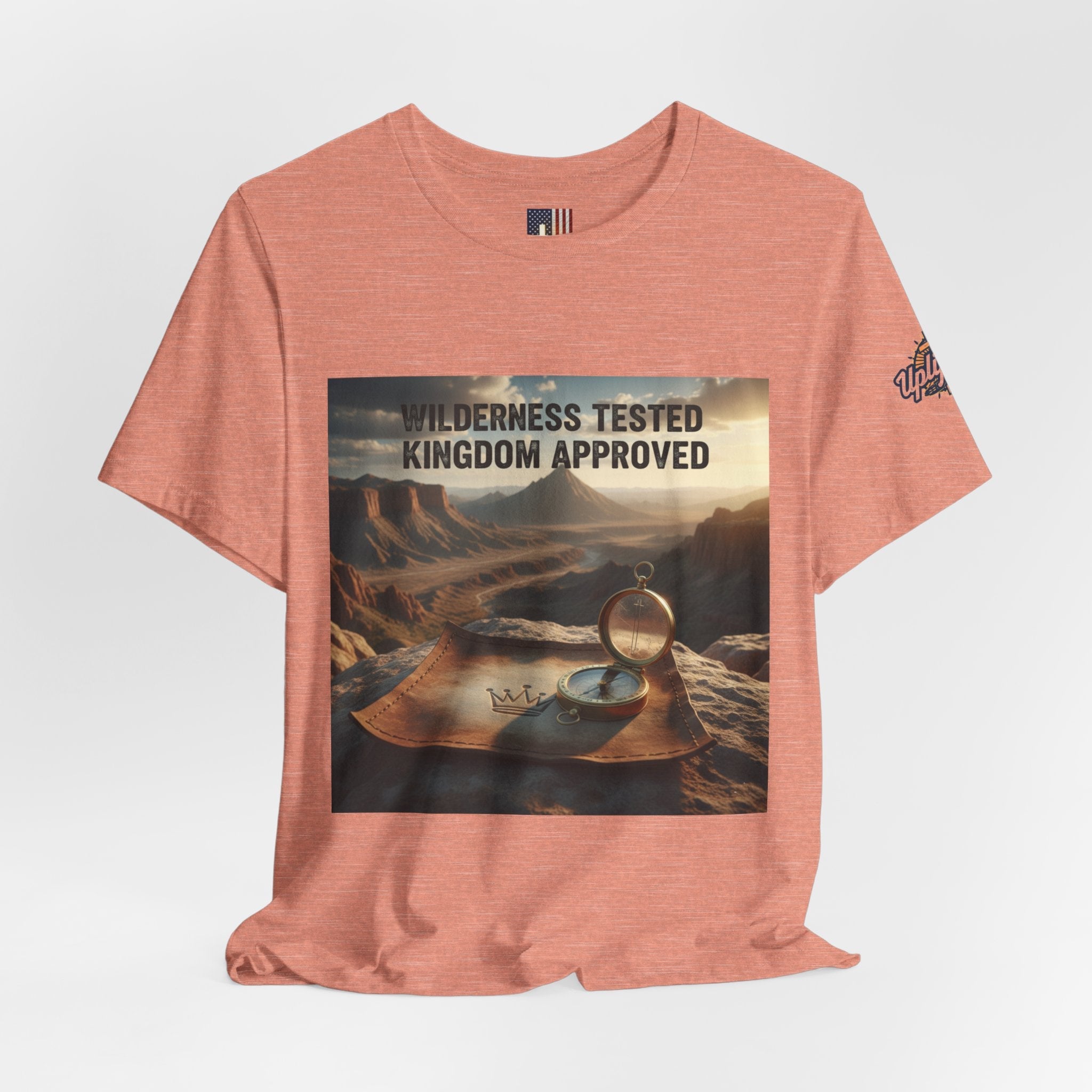 Wilderness Tested Kingdom Approved T-shirt – Mountain Desert Compass Crown Christian T-shirt for Biblical Adventure Faith Printify