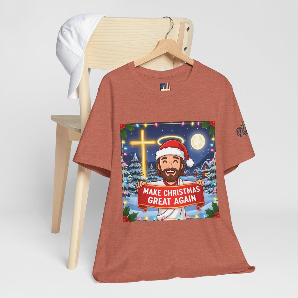 🎄 Make Christmas Great Again – Funny Christian T-Shirt | Jesus Holding Banner | Faith-Based Holiday Parody Tee | Uplifted Gear Printify