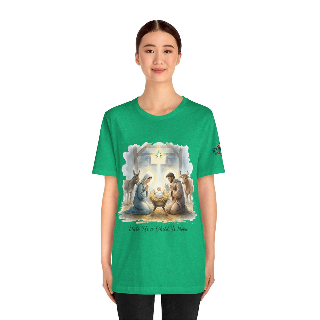 Unto Us a Child is Born T-shirt – Isaiah 9:6 Nativity Manger Scene Christian Christmas T-shirt for Holy Night Faith Printify