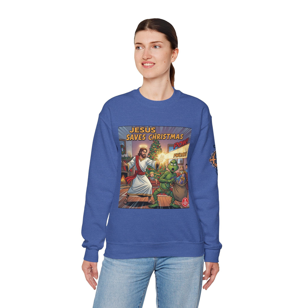 Jesus Saves Christmas Sweatshirt – Grinch vs Savior Light Battle Christian Sweatshirt for Hilarious Holiday Faith & True Joy Printify